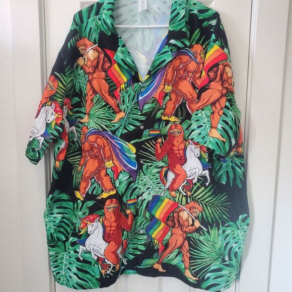GarmentOne Pride Unicorn Ape 2XL XXL Button Up Short Sleeve Shirt Hawaiian - Picture 2 of 4
